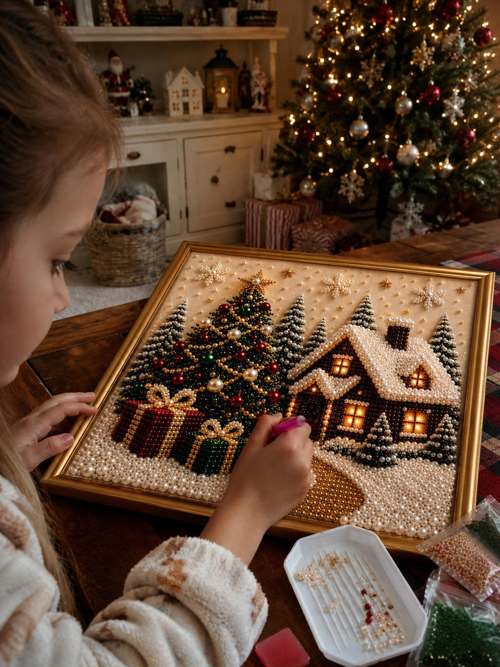 🎄🎅 Premium 3D Pearl Christmas Wall Art Kit | Luxury Flocked Canvas with Scratch-Resistant Non-Fading Pearl Beads DIY Holiday Decor ⛄️❄️