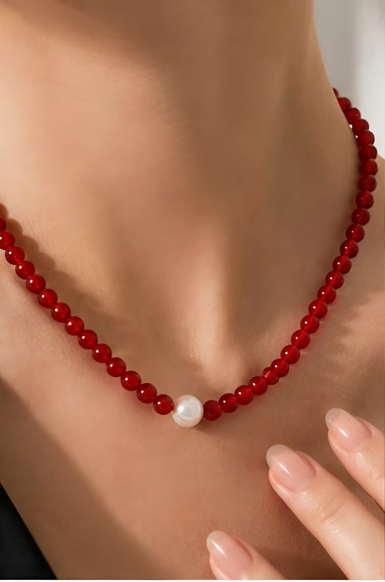 Red Agate Beaded Choker with Near-Round Baroque Pearl
