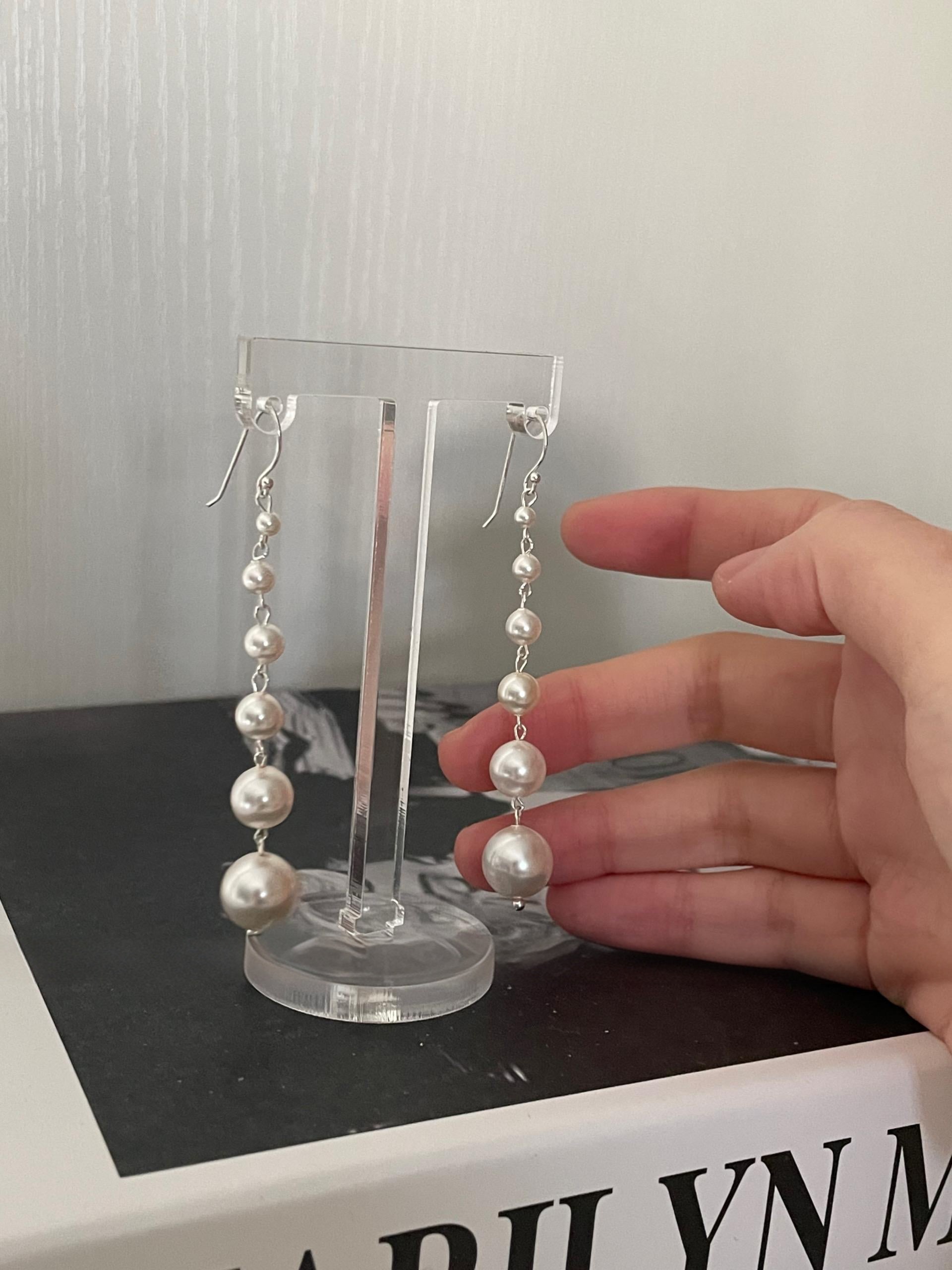 925 Sterling Silver Graduated Pearl Drop Statement Earrings