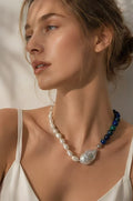 Asymmetric Natural White Pearl and Turquoise Lapis Mixed Gemstone Necklace