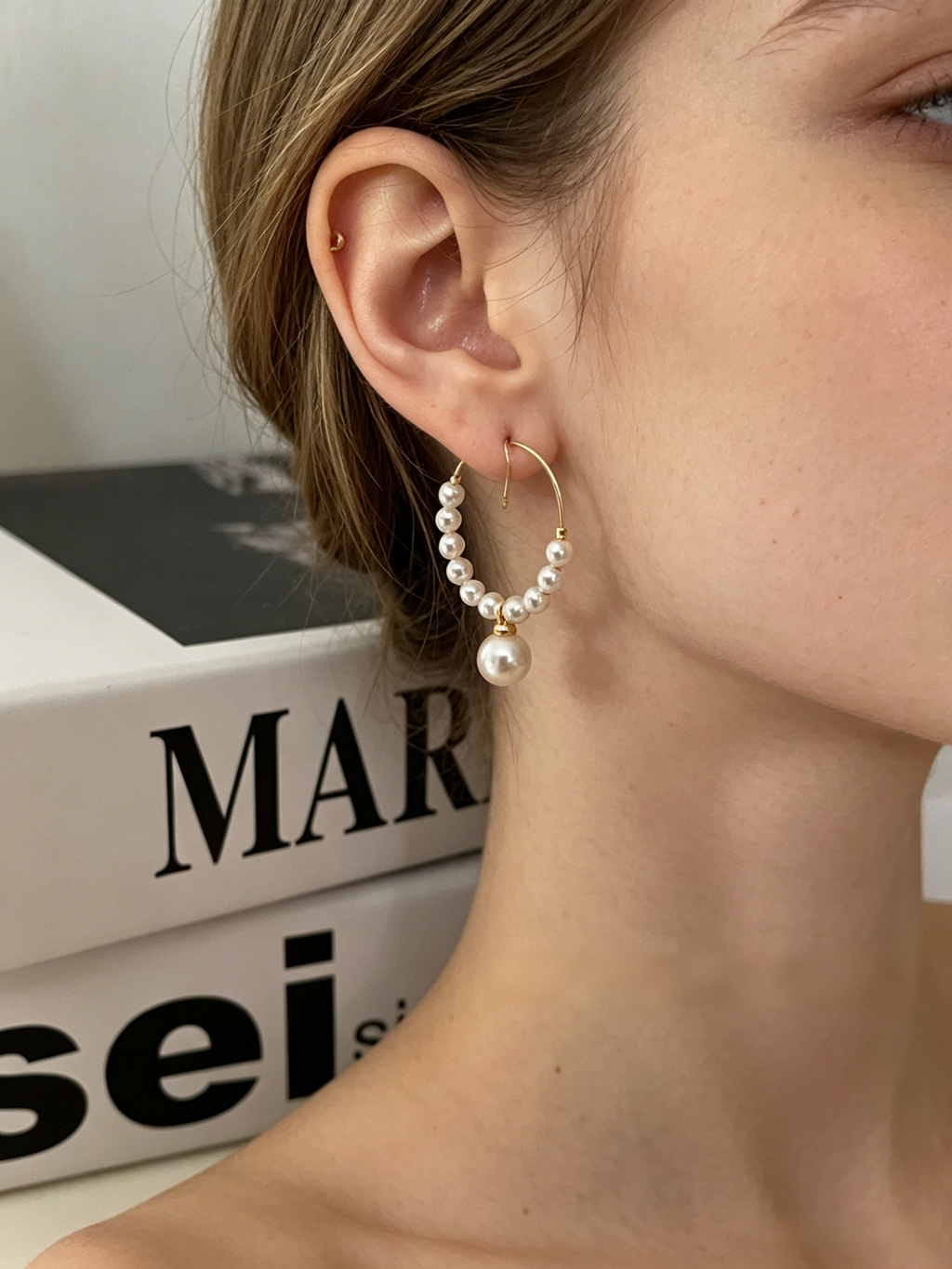 14K Gold Filled Swarovski Crystal Pearl C-Hoop Earrings