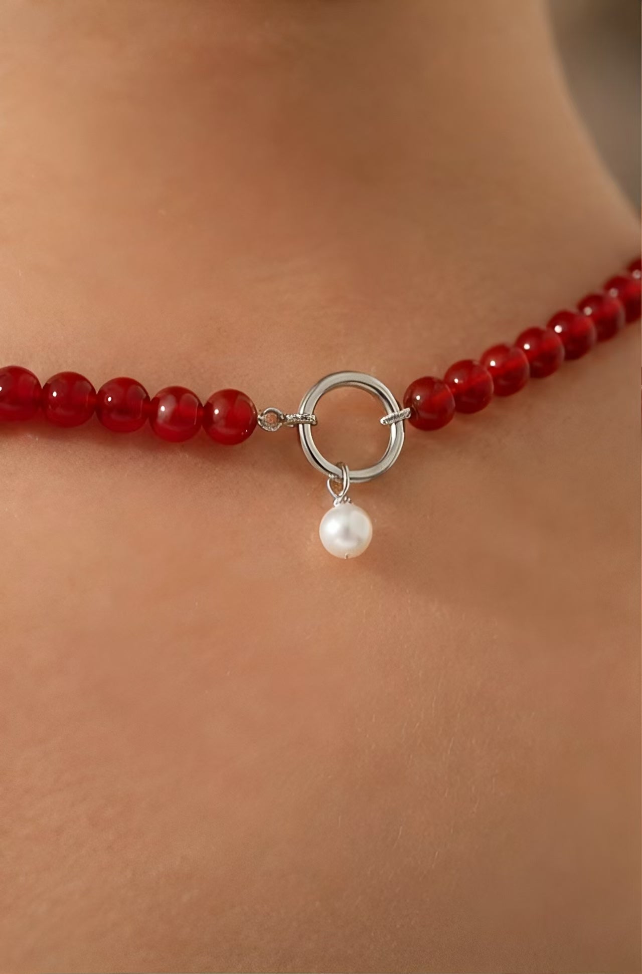 Red Agate Beaded Choker with Near-Round Baroque Pearl