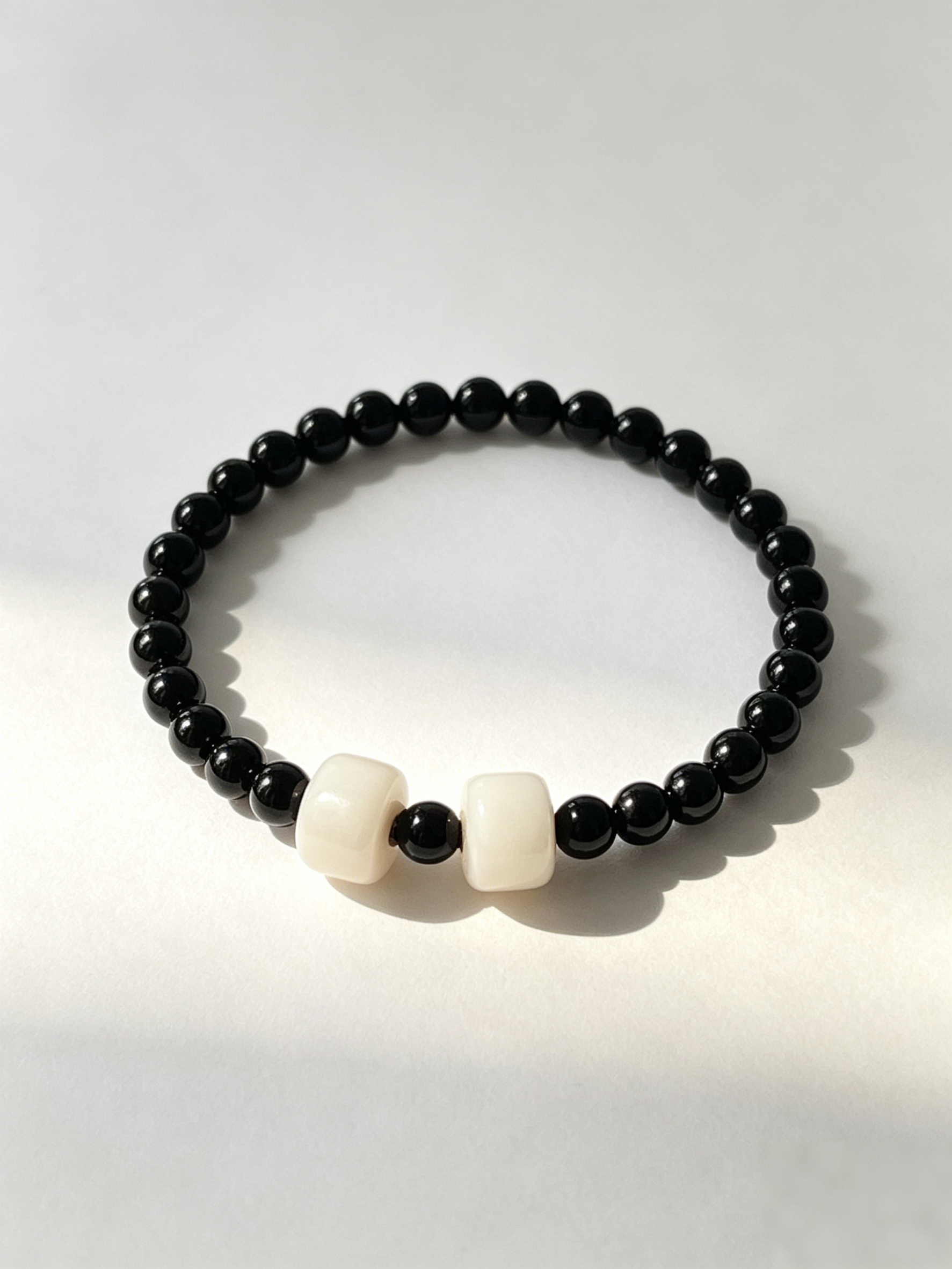 Black Agate & Cream Beaded Stretch Bracelet