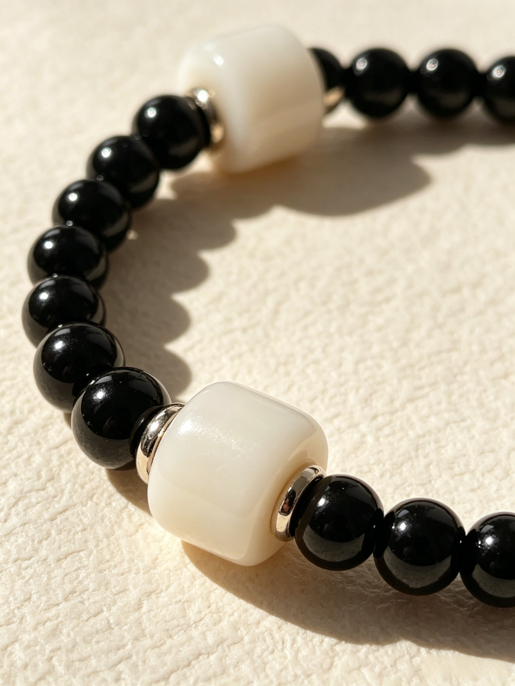 Black Agate & Cream Beaded Stretch Bracelet