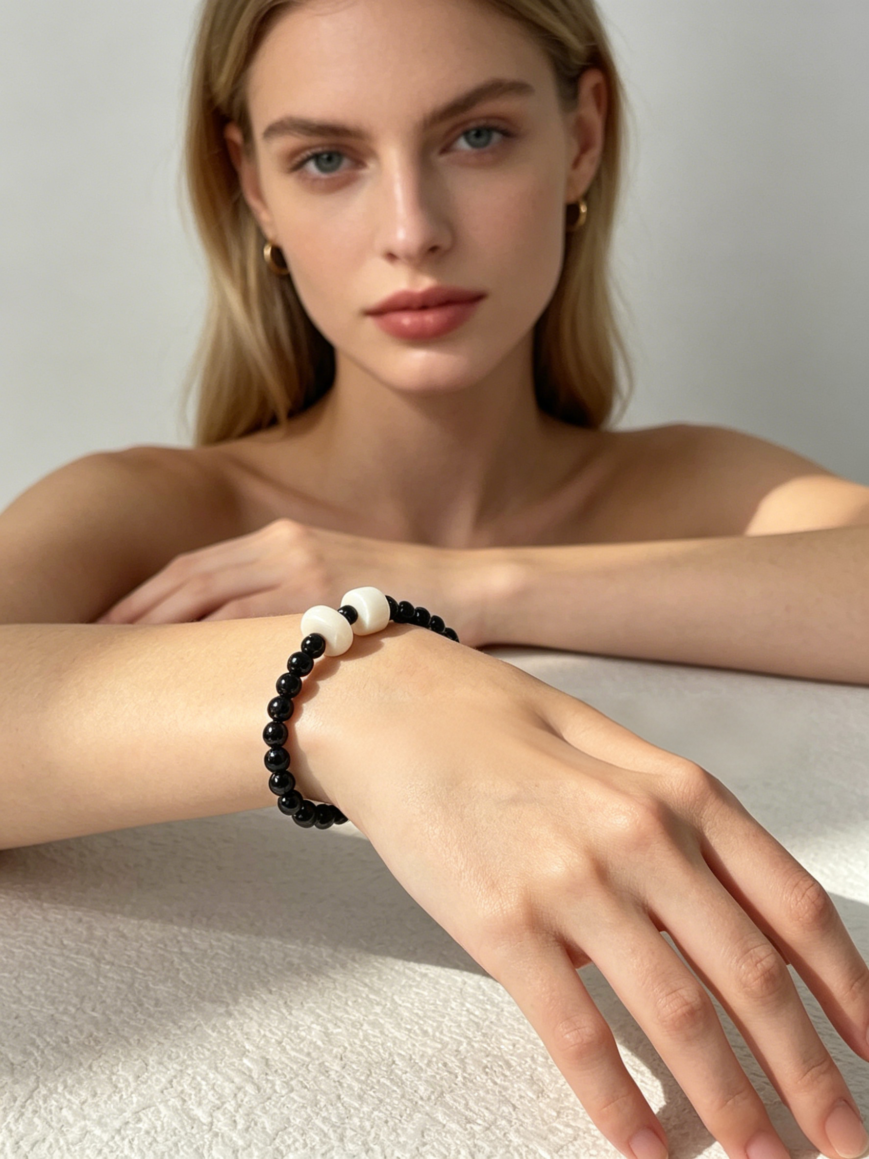 Black Agate & Cream Beaded Stretch Bracelet
