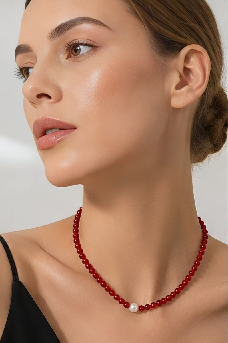 Natural Red Agate Round Bead Necklace
