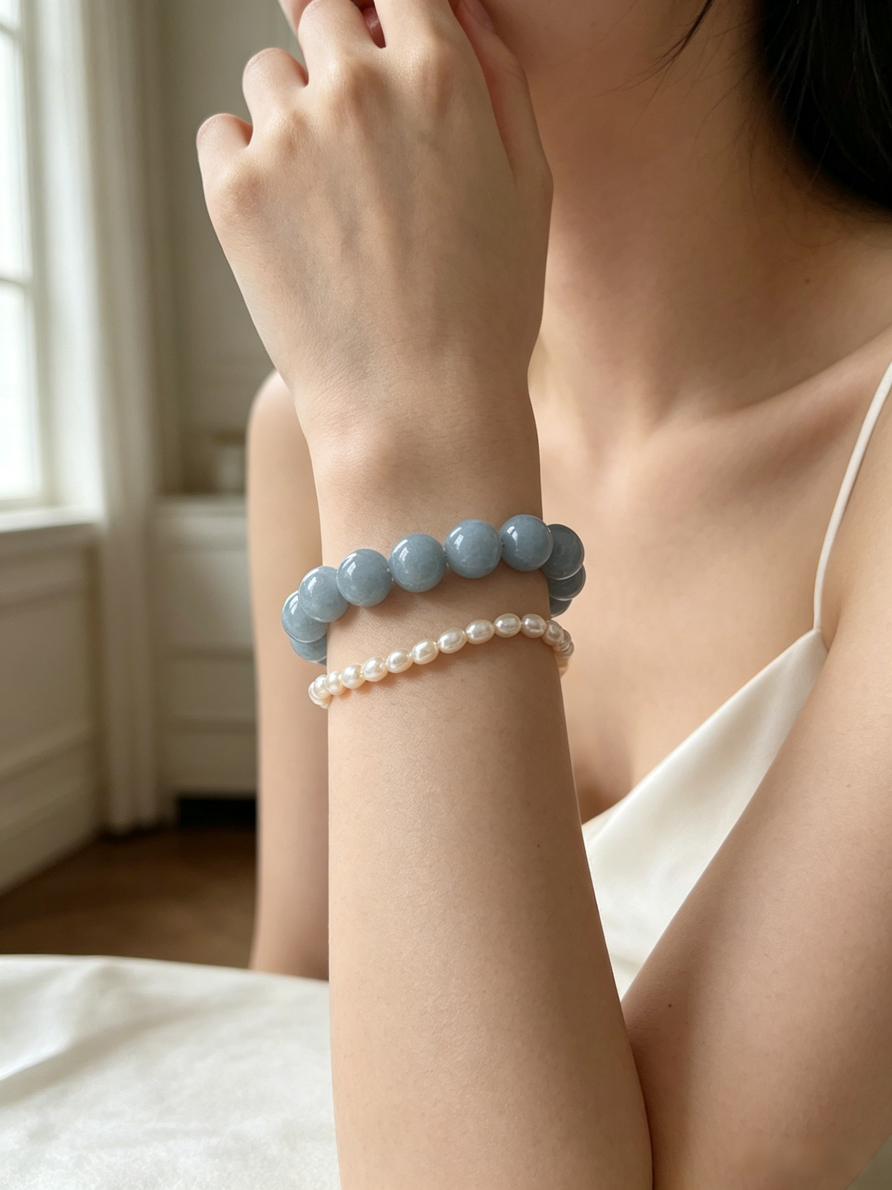 Layered Pearl & Larimar Silver Bracelet