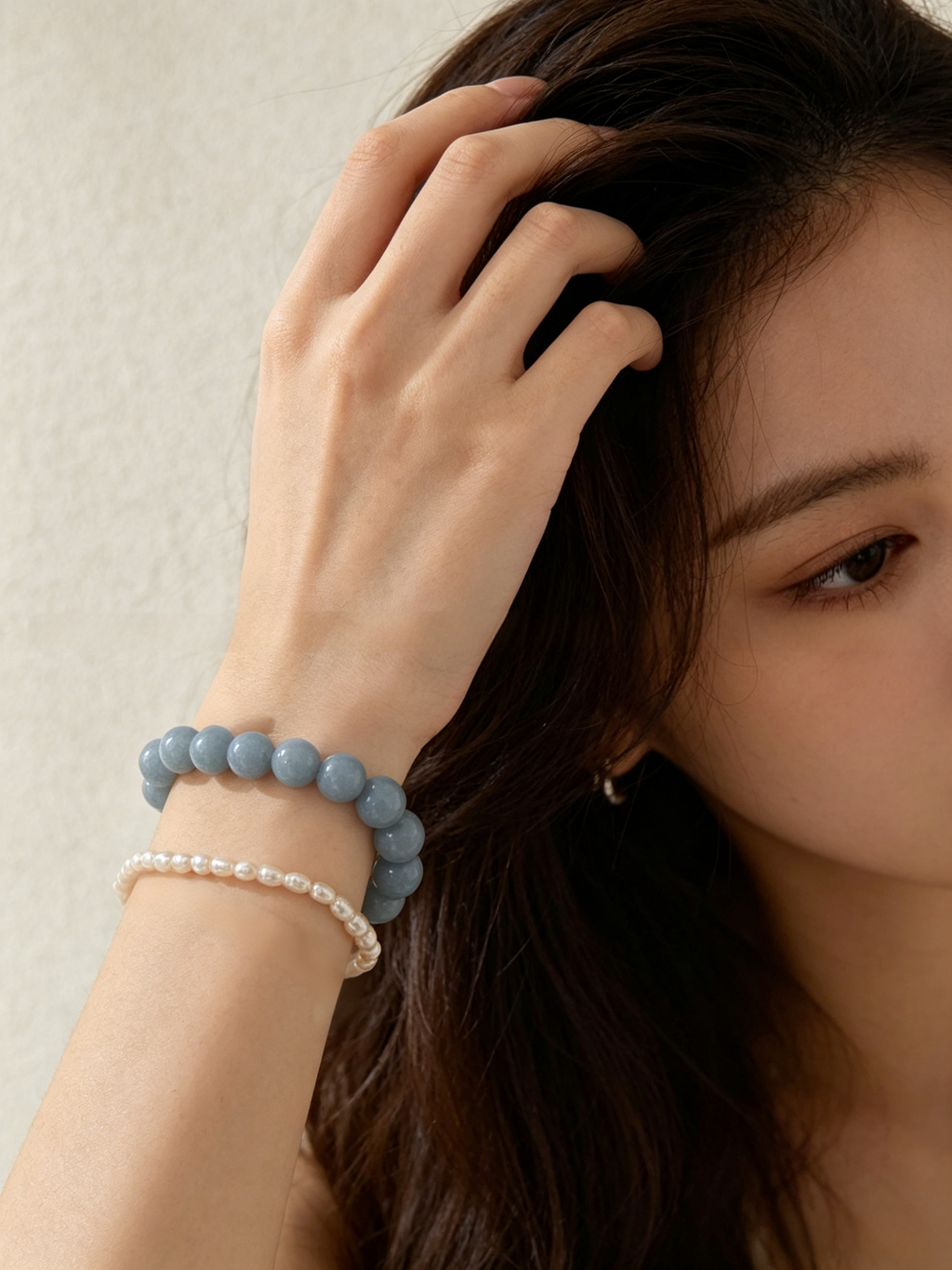 Layered Pearl & Larimar Silver Bracelet