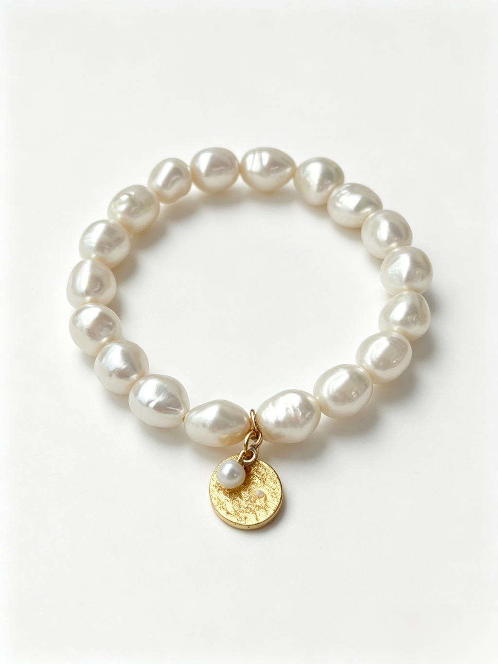 Baroque Pearl Stretch Bracelet with Gold Coin Charm