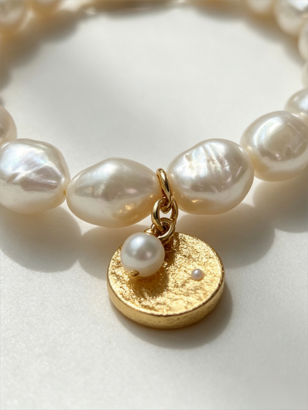 Baroque Pearl Stretch Bracelet with Gold Coin Charm
