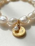 Baroque Pearl Stretch Bracelet with Gold Coin Charm