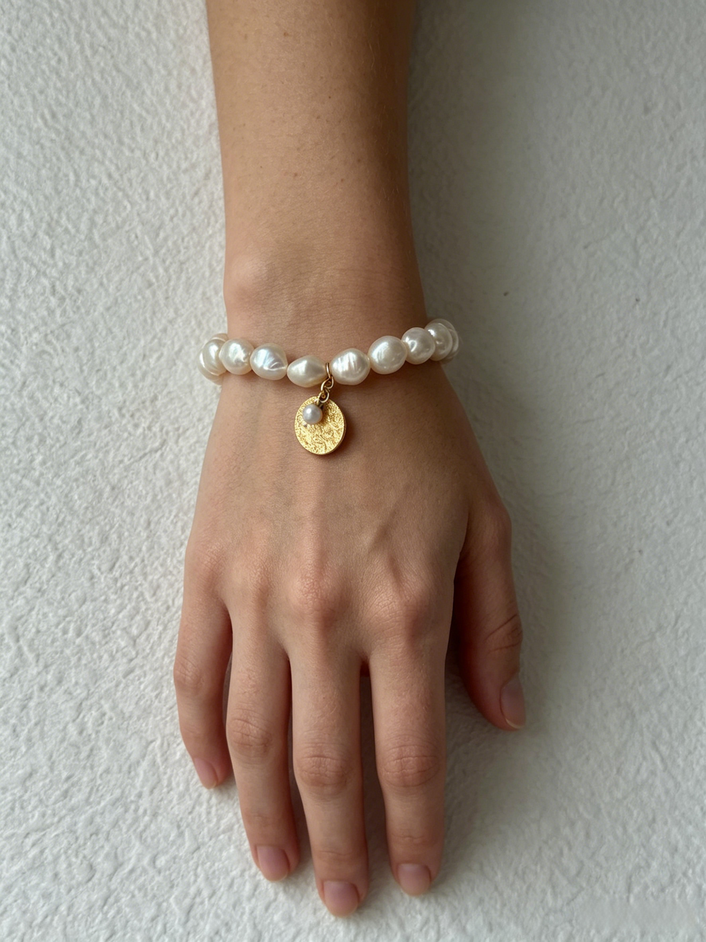 Baroque Pearl Stretch Bracelet with Gold Coin Charm