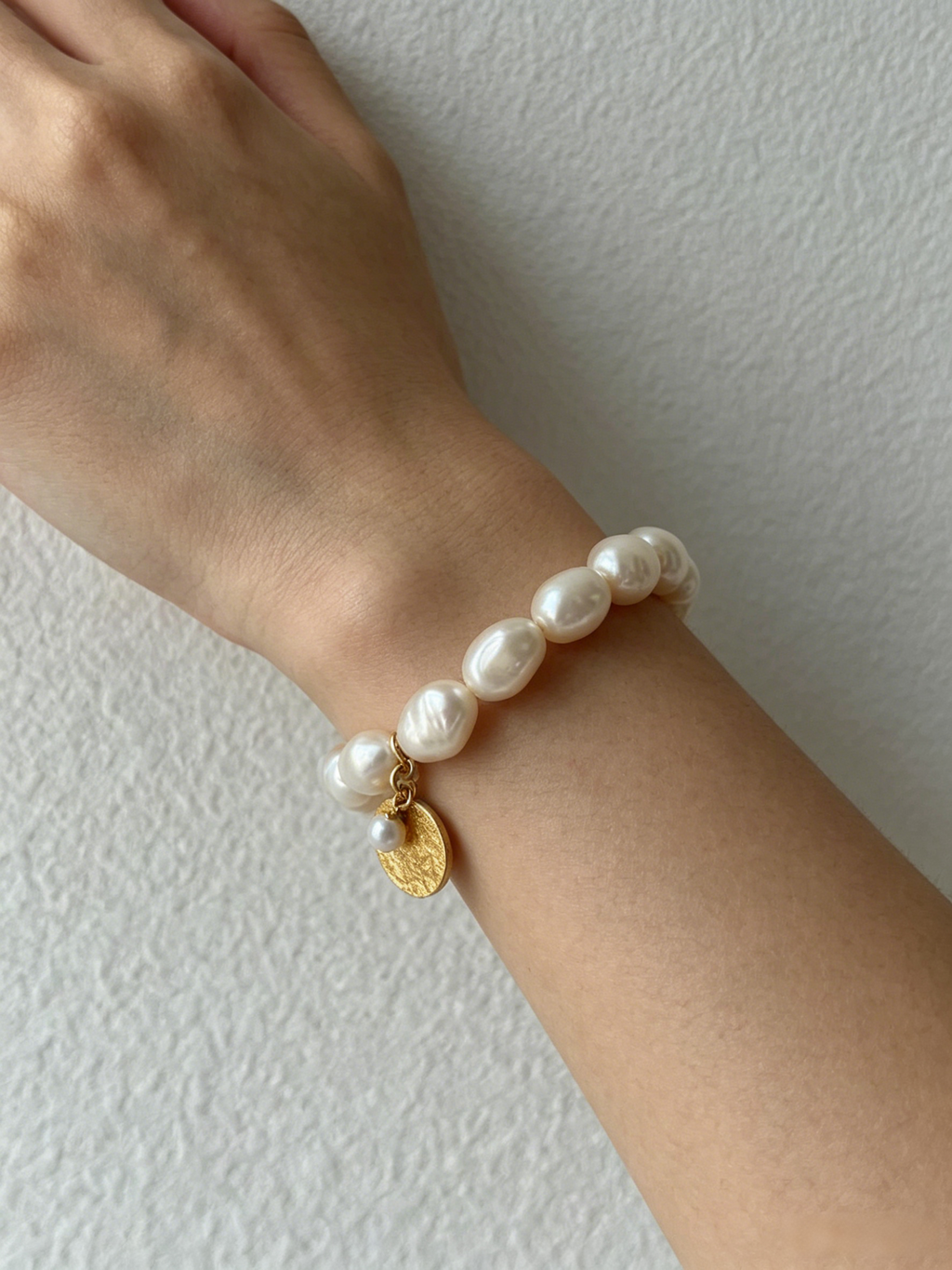 Baroque Pearl Stretch Bracelet with Gold Coin Charm