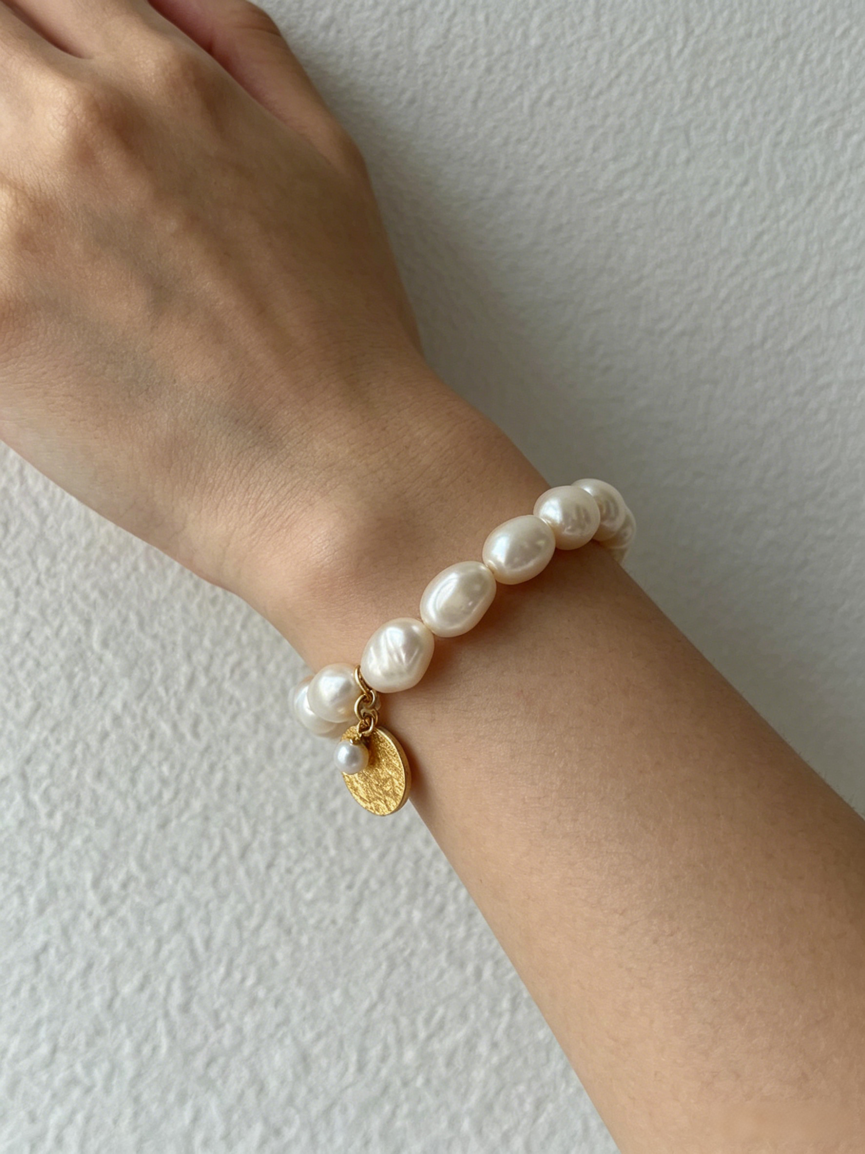 Baroque Pearl Stretch Bracelet with Gold Coin Charm