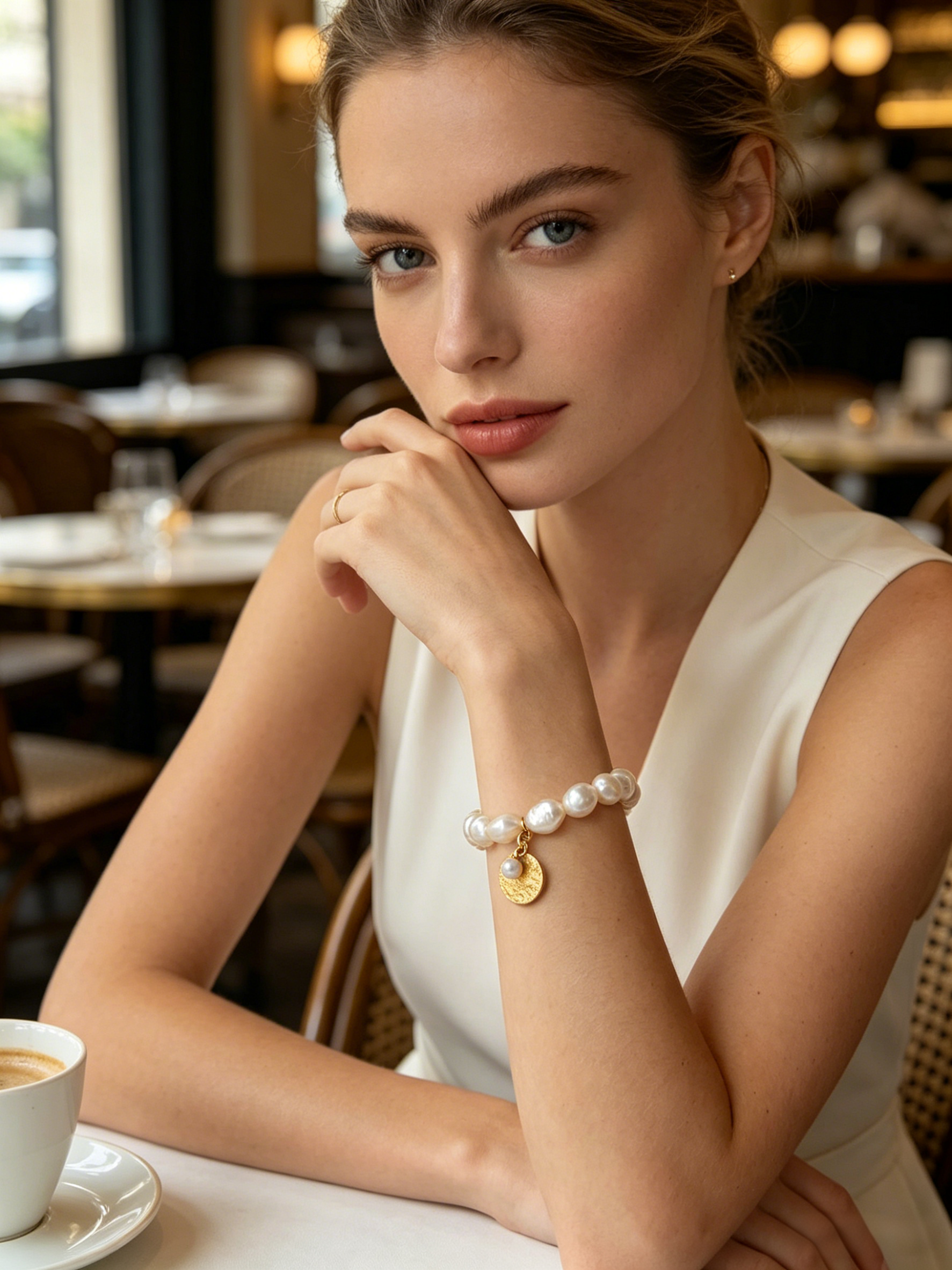 Baroque Pearl Stretch Bracelet with Gold Coin Charm