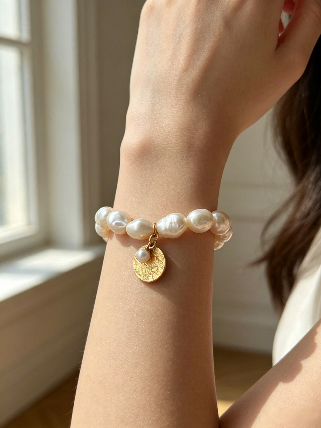 Baroque Pearl Stretch Bracelet with Gold Coin Charm
