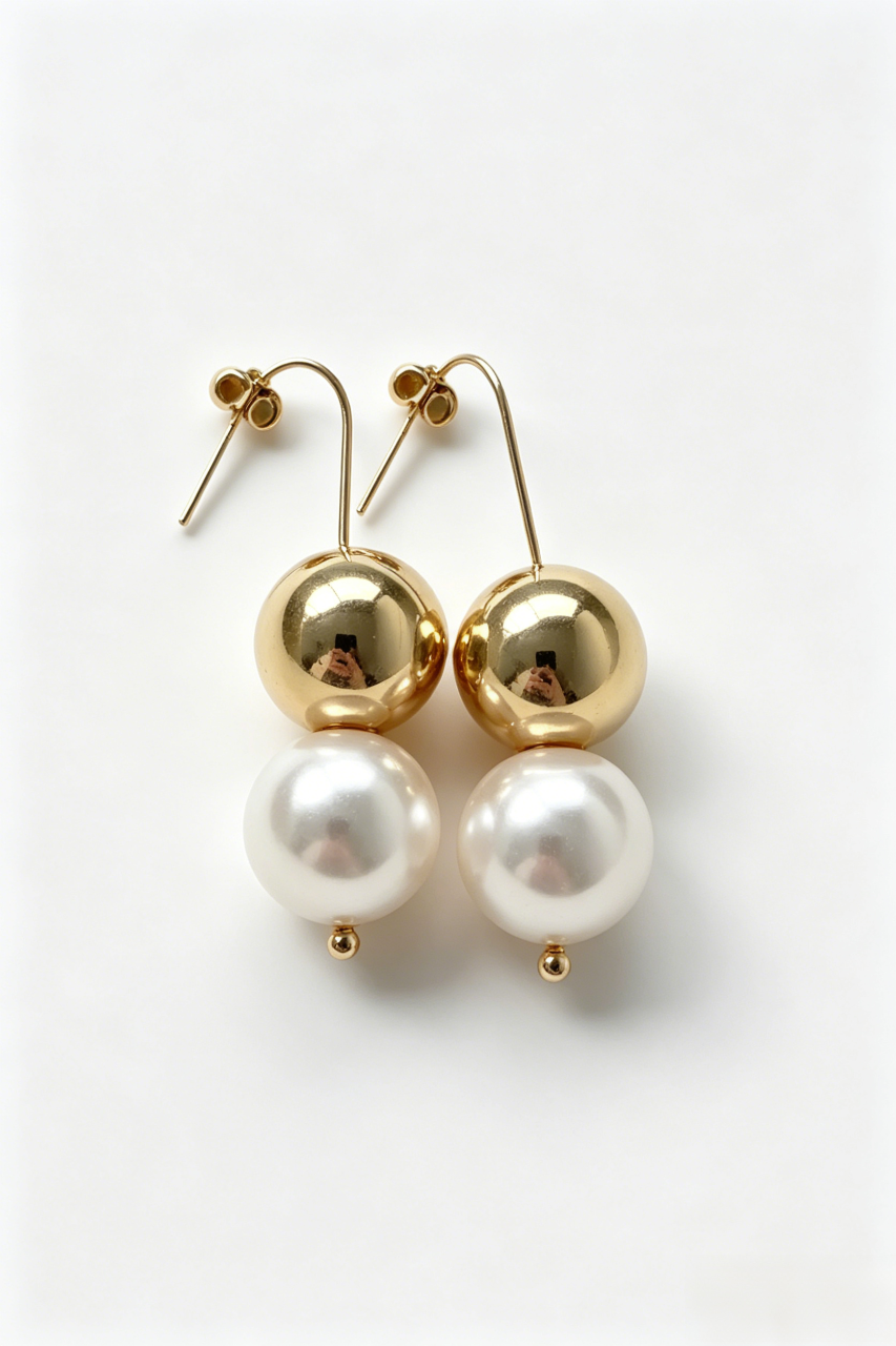 Chic Dual-Sphere Pearl and Gold Drop Earrings