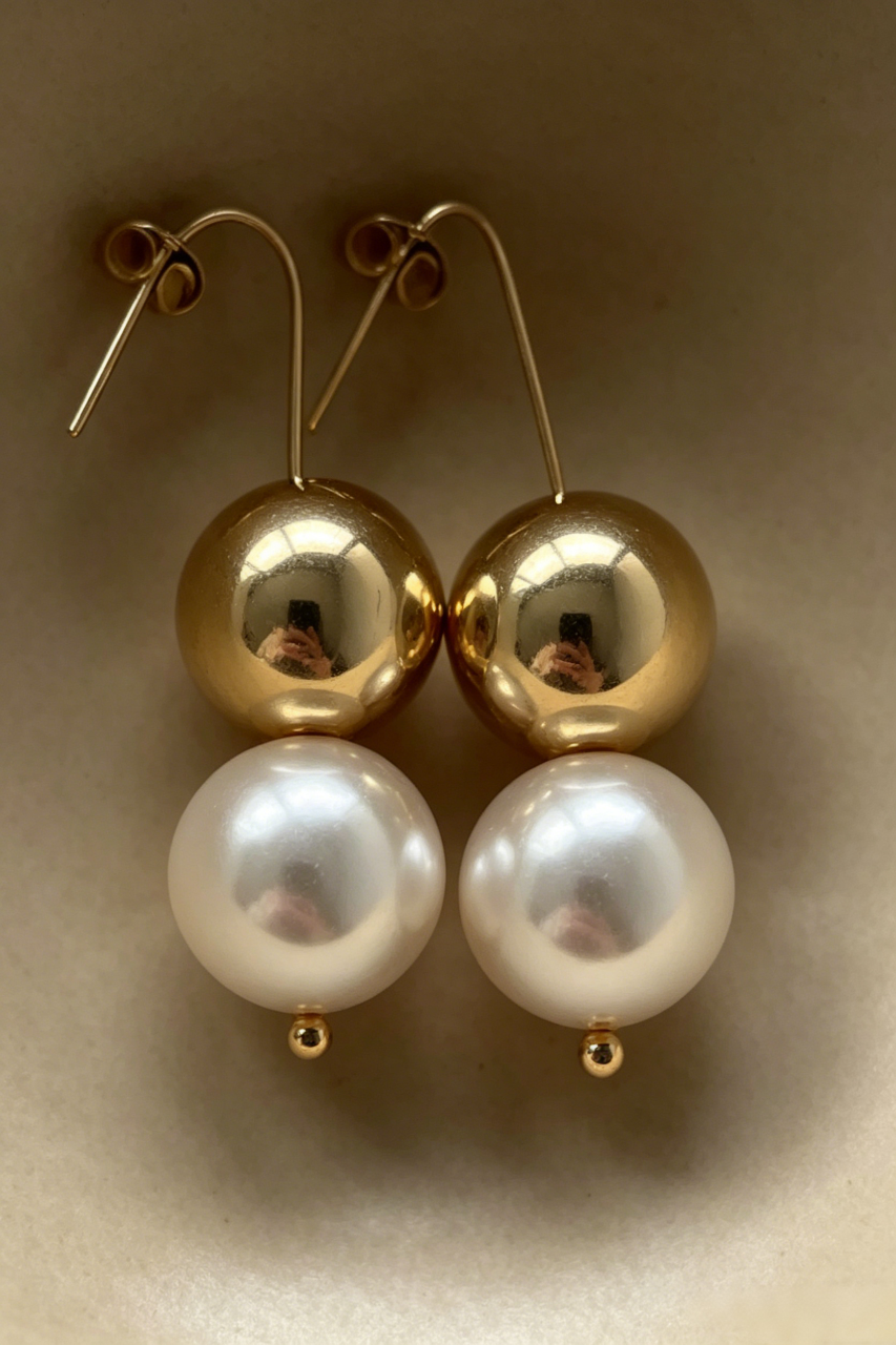 Chic Dual-Sphere Pearl and Gold Drop Earrings