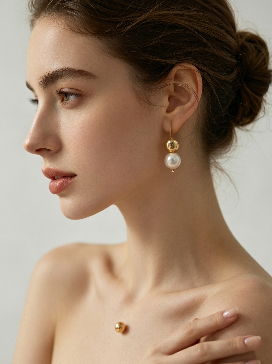 Chic Dual-Sphere Pearl and Gold Drop Earrings