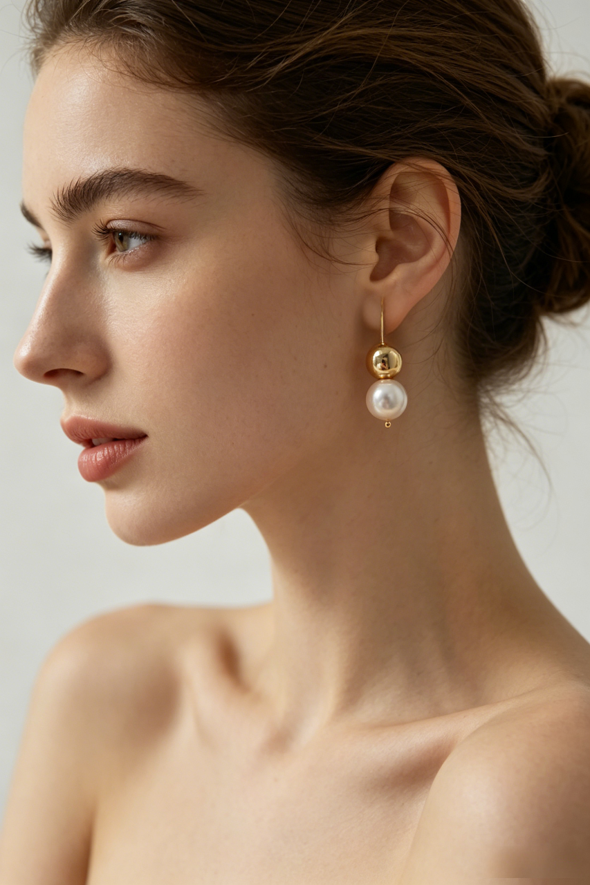 Chic Dual-Sphere Pearl and Gold Drop Earrings