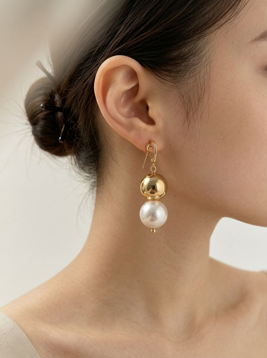Chic Dual-Sphere Pearl and Gold Drop Earrings