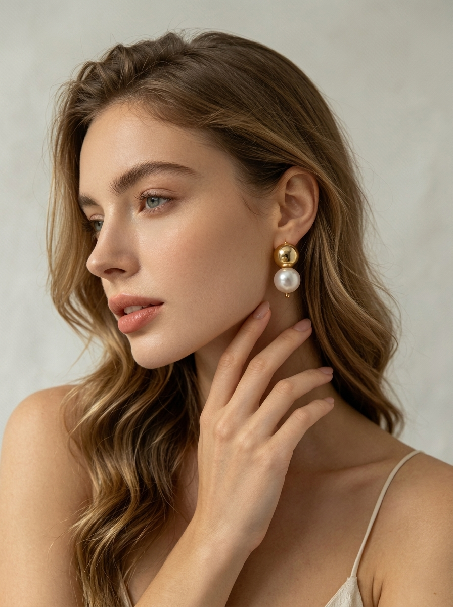Chic Dual-Sphere Pearl and Gold Drop Earrings
