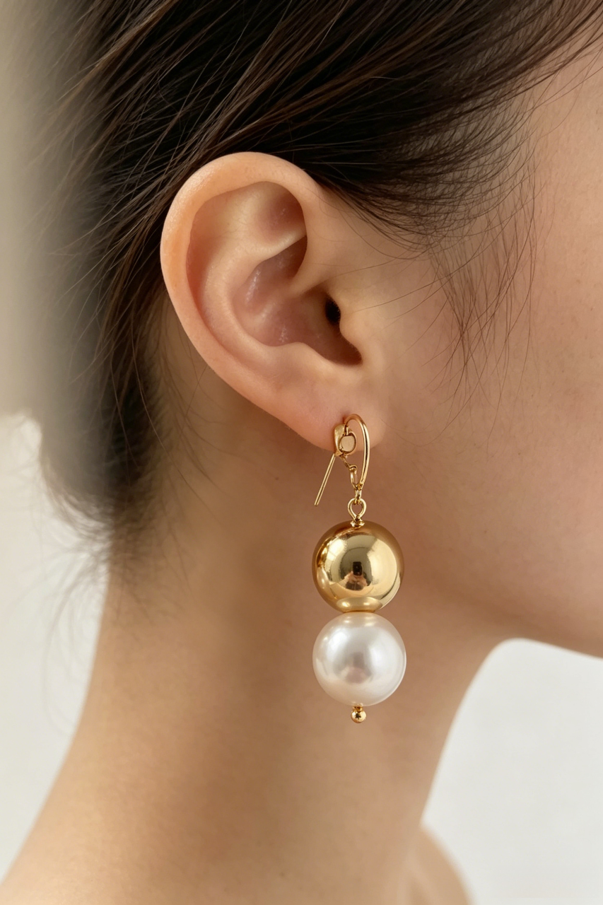 Chic Dual-Sphere Pearl and Gold Drop Earrings