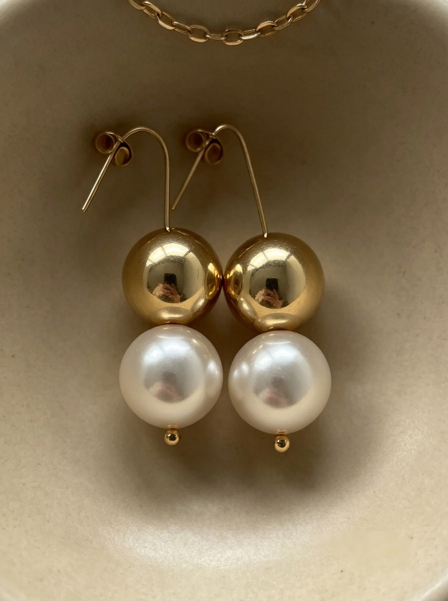 Chic Dual-Sphere Pearl and Gold Drop Earrings