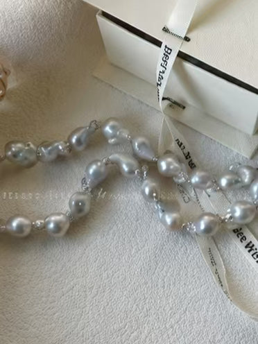 Liquid Silver Metallic Baroque Pearl Link Chain Necklace