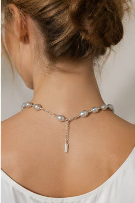 Liquid Silver Metallic Baroque Pearl Link Chain Necklace