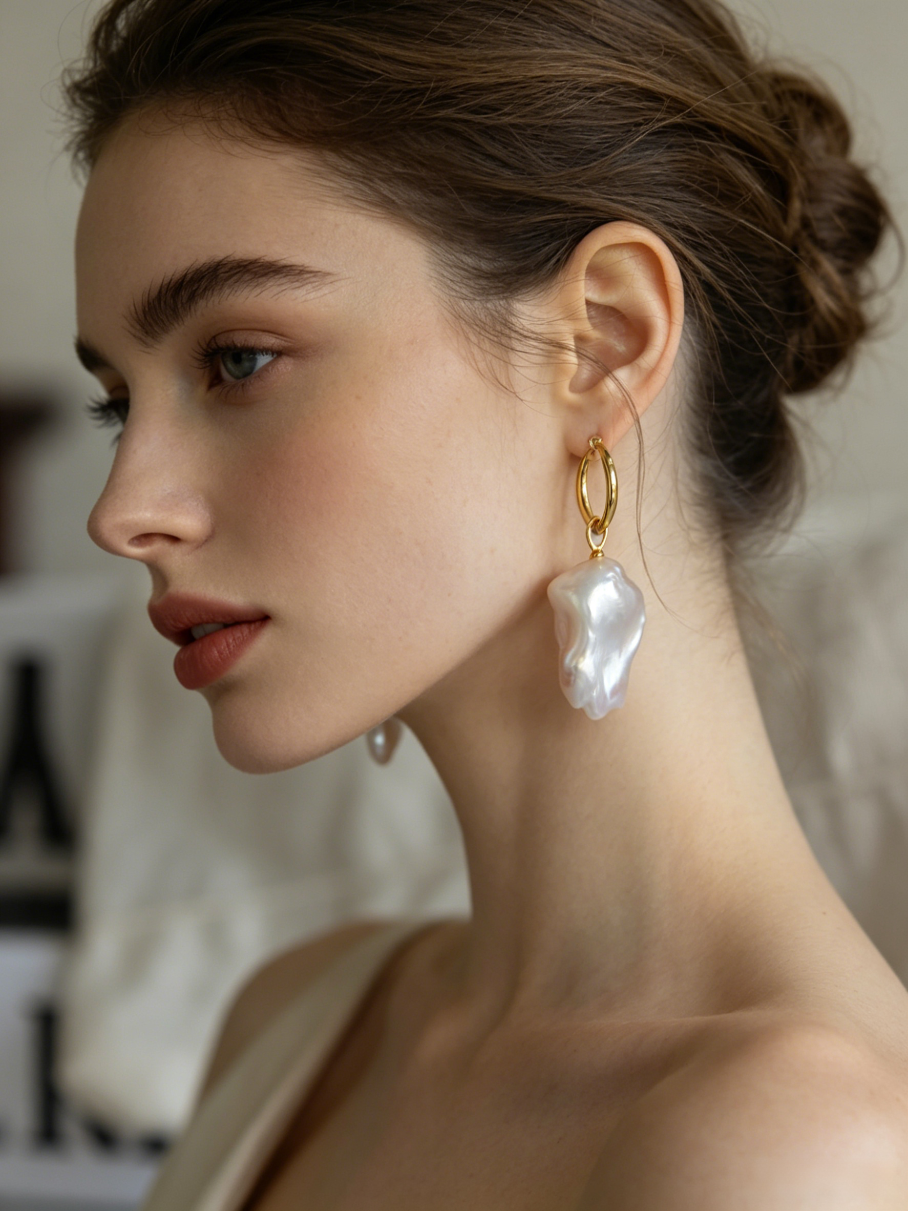 Organic Baroque Pearl Charm Hoop Earrings