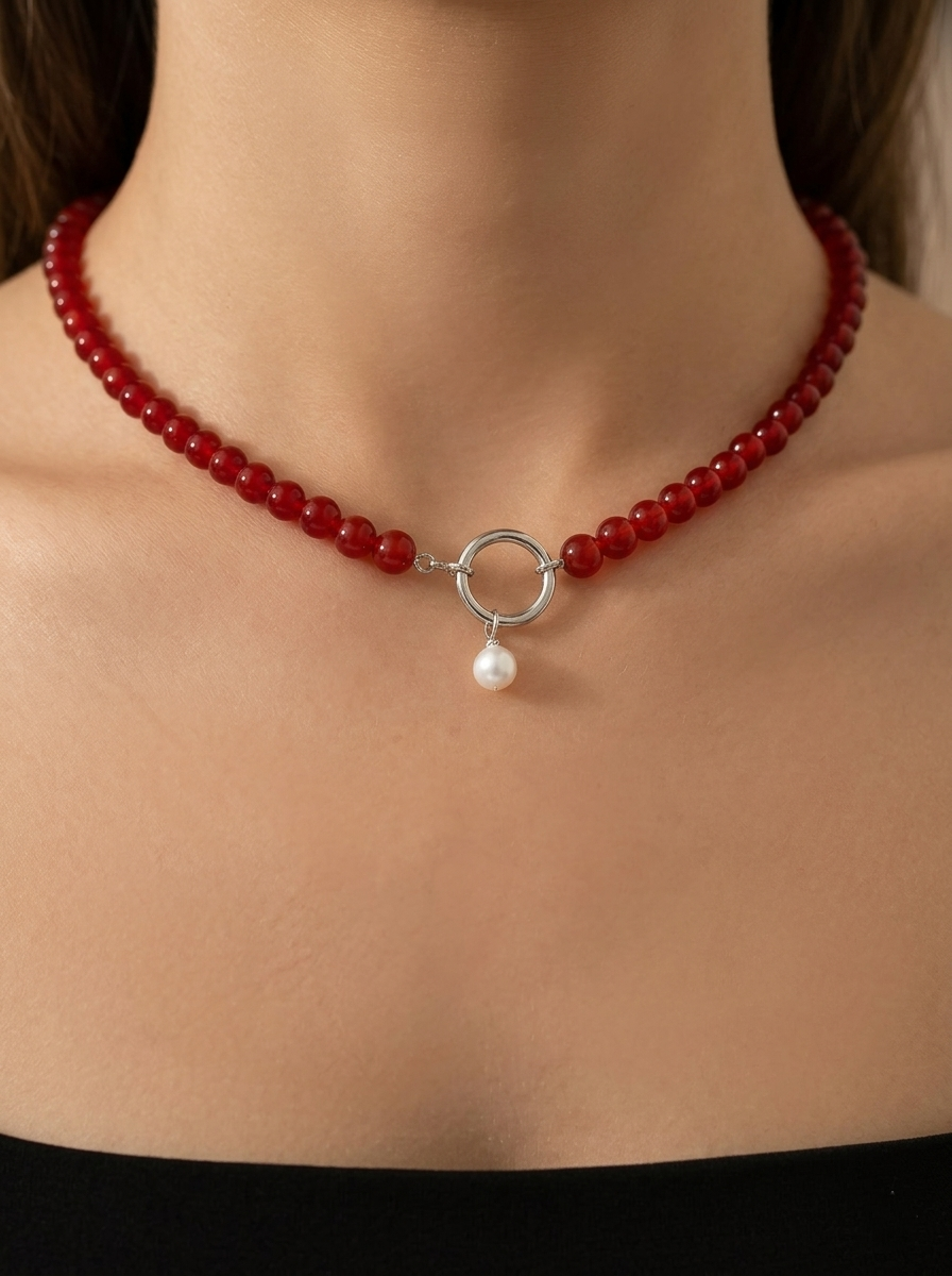Red Agate Round Disc Necklace (41cm)