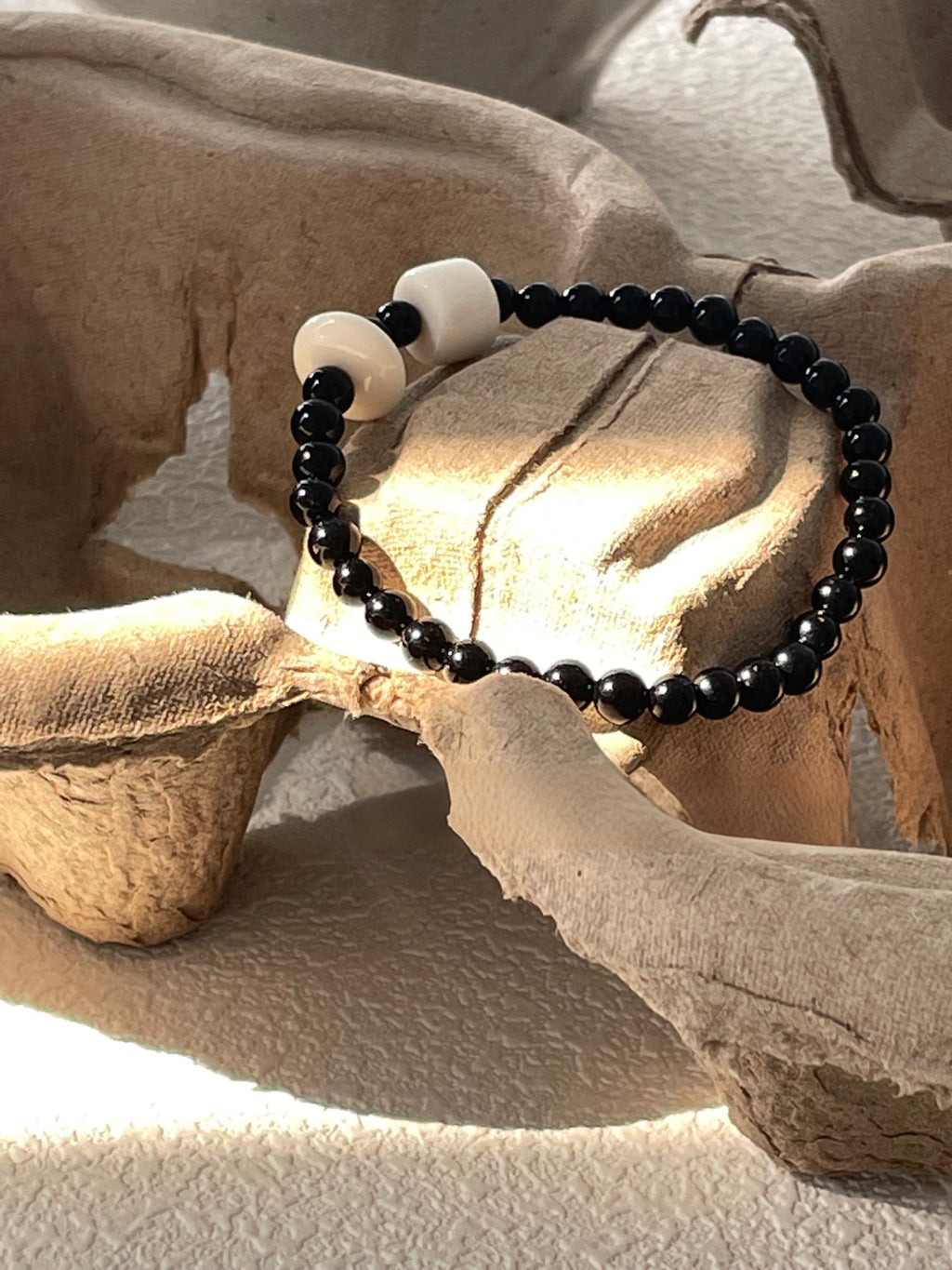 Black Agate & Cream Beaded Stretch Bracelet