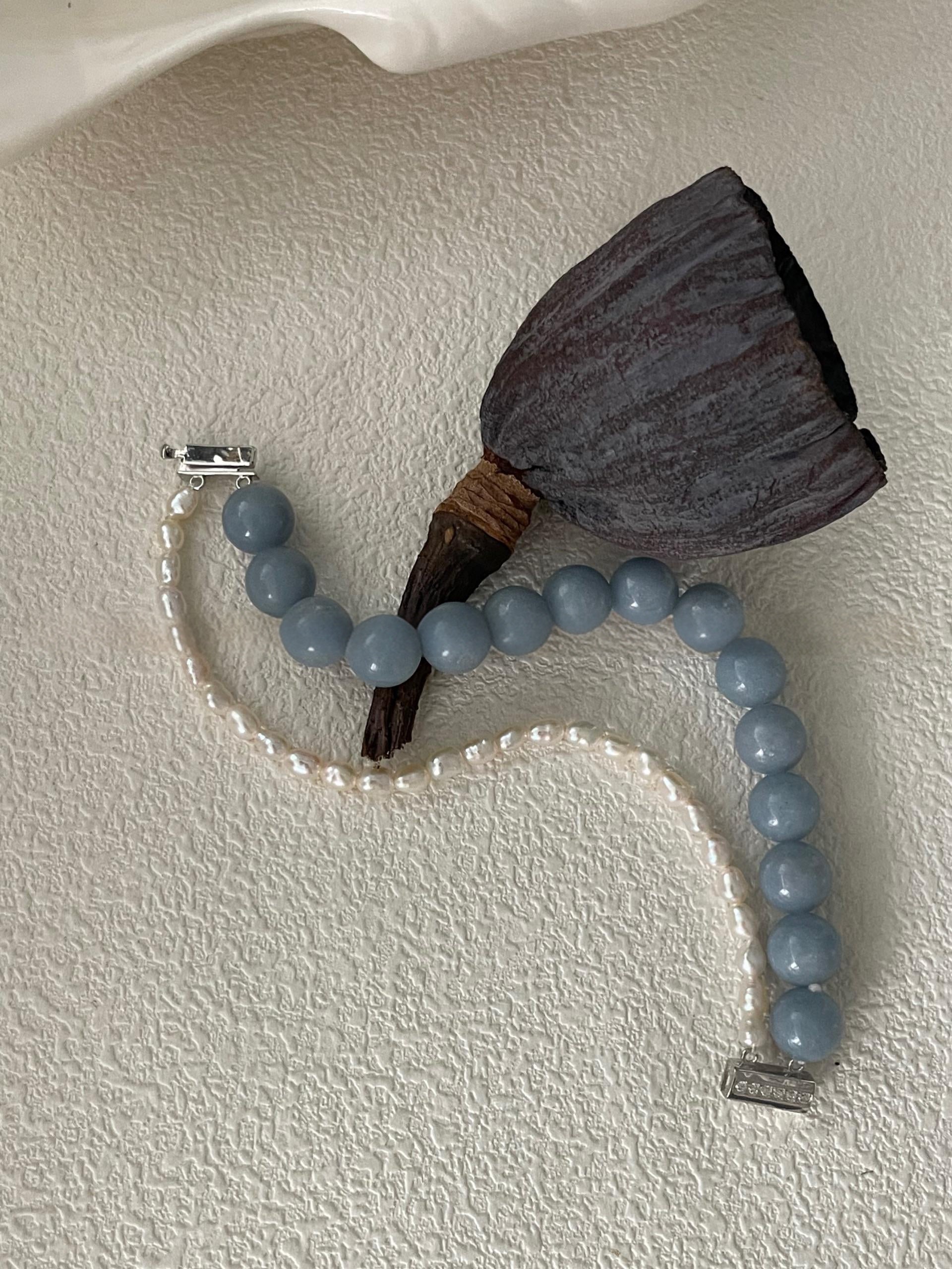 Layered Pearl & Larimar Silver Bracelet