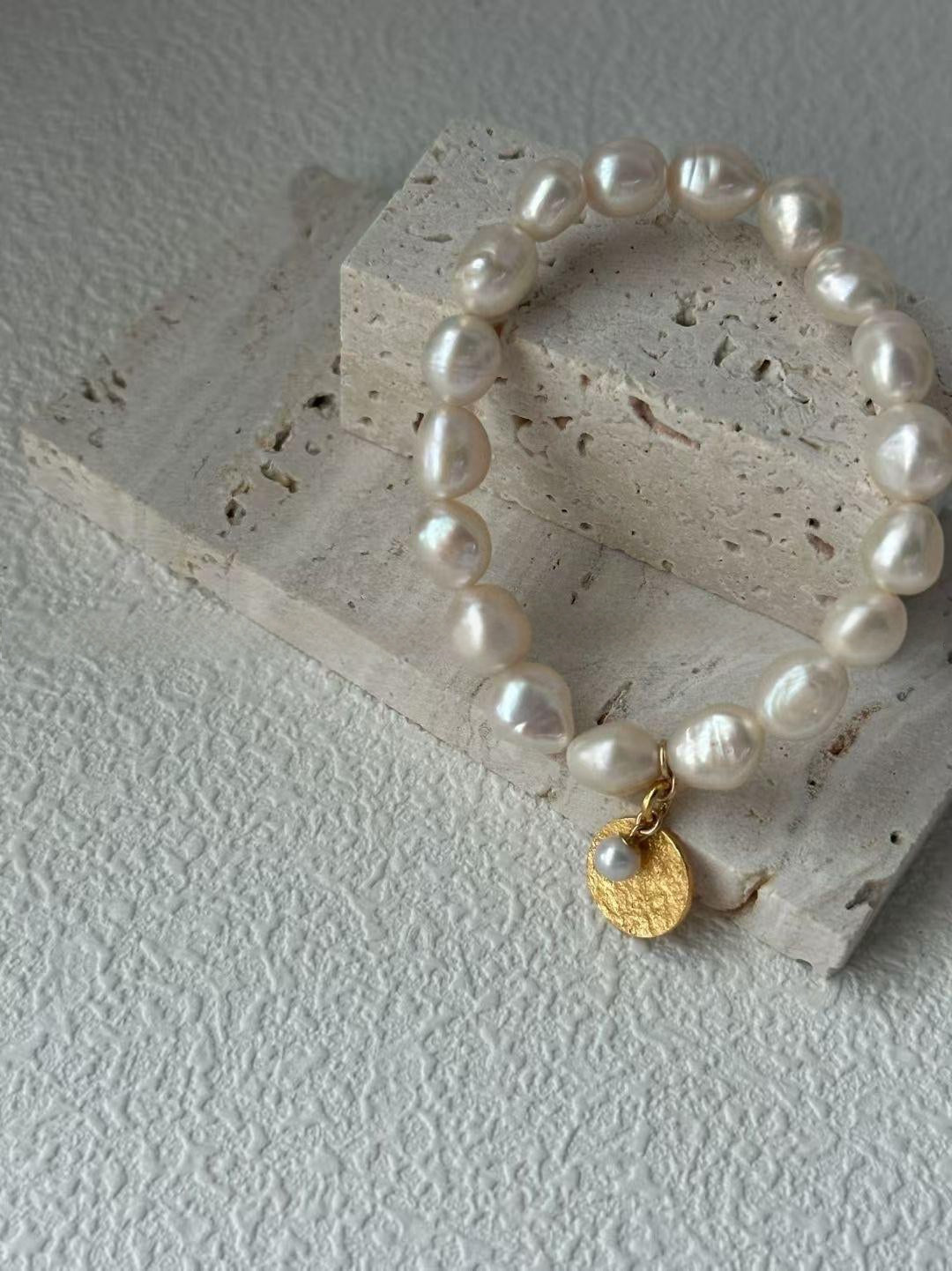 Baroque Pearl Stretch Bracelet with Gold Coin Charm