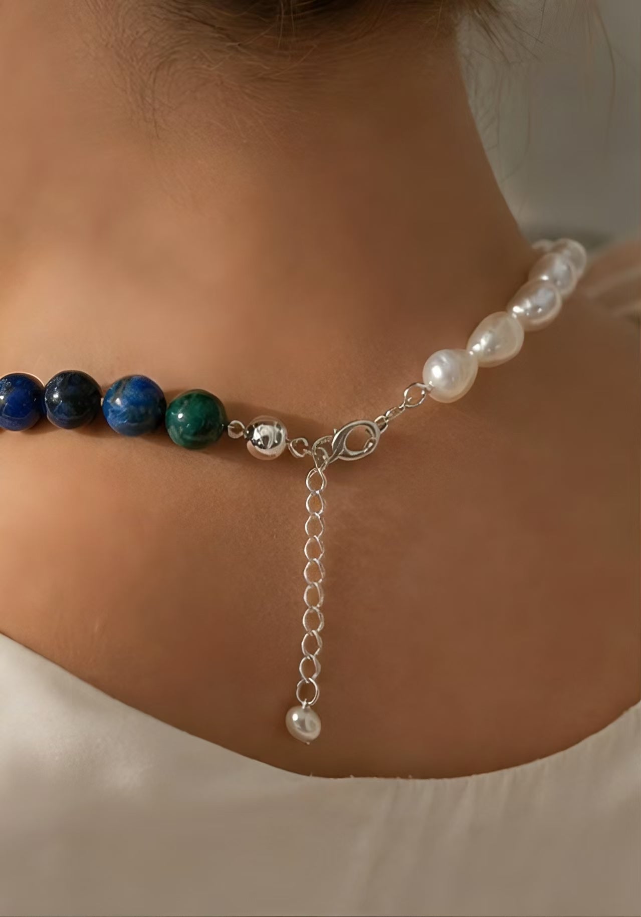 Turquoise & Natural White Pearl Contrast Necklace