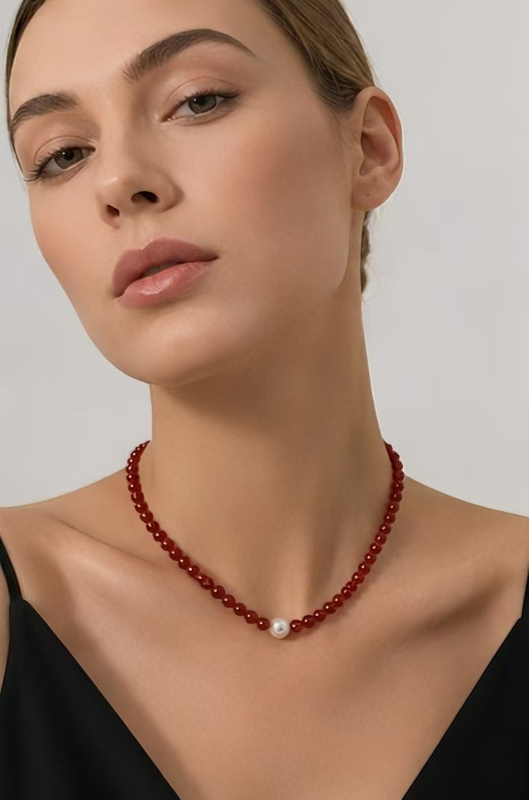 Natural Red Agate Round Bead Necklace