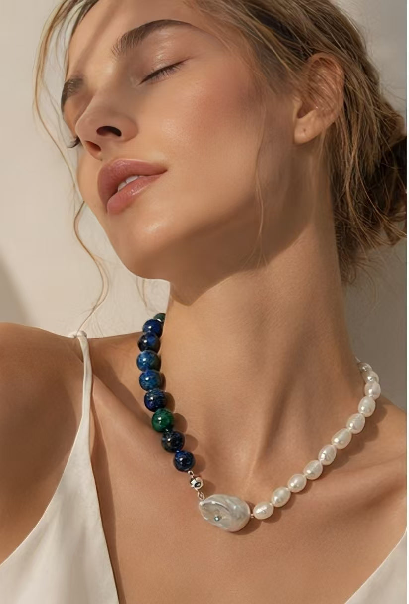 Turquoise & Natural White Pearl Contrast Necklace